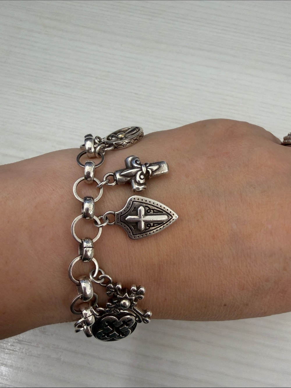 Brighton Silver-Tone Shield & Cross Charm Link Bracelet